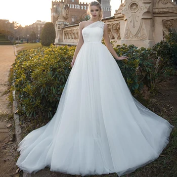2022 Prabanga Seksualus Laukiamas Svečias Elegantiškas Vieno Peties Ponios Vestuvių Suknelė-Line Nėrinių Aplikacijos Grindų Ilgis Tiulio Nuotakos Suknelė V