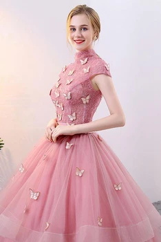 2022 Princesė Quinceanera Suknelės Rožinė Aukšto Kaklo Su Nėrinių Appliques Elegantiškas, Tiulis Proga Kamuolys Suknelė Chalatas De Soirée