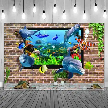 3D Akvariumas, Delfinų Plytų Sienos, Gražių Vasaros Atostogų Fotografijos Fonas Koralų Vandens Šalis Dekoro Photocall Backdrops