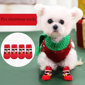4Pcs/set Žiemą Šiltas Pet Santa Kojinių Šuniukas Šuo Kojinės Anti-Slip Megzti Mažų Šunų, Kačių Batai Leteną Raštas Mielas Pet Produktų