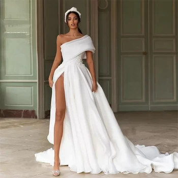 Aukštos padalinta Vestuvių Suknelės Su Didelis Lankas Appliqued Nėrinių Linija Paplūdimys Boho Vienas Petys Vestuvių Suknelė Užsakymą Ruched Satin