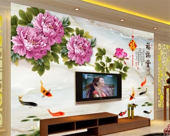 Beibehang 3D Tapetai Ranka-dažytos Bijūnas Gėlių 9 Žuvų Diagramos Marmuro Fone Kambarį, Miegamąjį, TV Foną 3 d