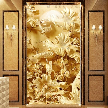 beibehang papel de parede para quarto em 3d besiūlių klasikinės freskos tapetai, 3D stereoskopinis lotoso tvenkinys woodcarving fonas