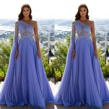 Blue-line Promenadzie Suknelė Elegantiškas Vienas ilgomis Rankovėmis Appliques Blizgančiais Vieną Petį Raukiniai, Nėriniai Inscenizacija Chalatai Plue Dydis Vestuvinės Suknelės
