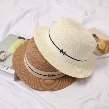 CNTANG Šiaudų Skrybėlę Moterims M Raidę, Panama Kepurė Vasaros Mados Paplūdimio Moterų Atsitiktinis Lady Merginos Plokščių Kraštų Saulės Skrybėlės Dizaineris Kepurės