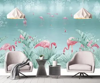 Custom 3D tapetai, freskos ranka-dažytos atogrąžų flamingo fone, sienų apdaila dažymas