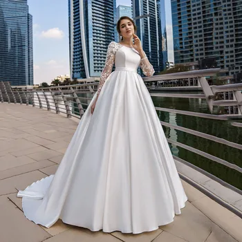 Dubajus Kuklus Ilgomis Rankovėmis Vestuvių Suknelės Moterų Nėriniai Satino Nuotakos Suknelė Su Diržo Elegantiškas Vestuves Chalatai Balti Iivory
