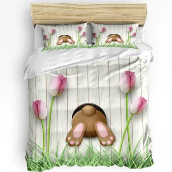 Easter Bunny Lentų Tulpių Spausdinti Komfortą Antklode Padengti Pagalvės užvalkalą Namų Tekstilės Antklodė Padengti Berniukas Vaikas Paauglių mergaičių 3pcs Patalynės Komplektas
