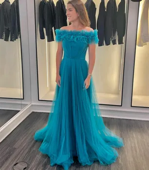 Elegantiškas Ilgas Off Peties Prom Dresses-Line Mėlynos spalvos Tiulio Valymo Traukinio vakarinę Suknelę Užsakymą Vestidos de noche Moterims