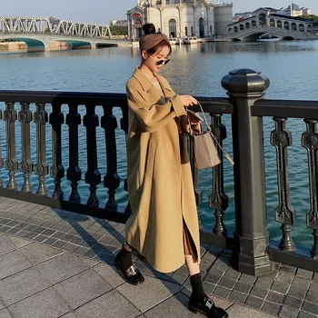 Geltonos spalvos Tvido Paltai Moterims Rudenį ir Žiemą Ilgai Mados Temperamentas Hepburn Stiliaus Tvido Paltai Yra Populiarus šiais Metais.