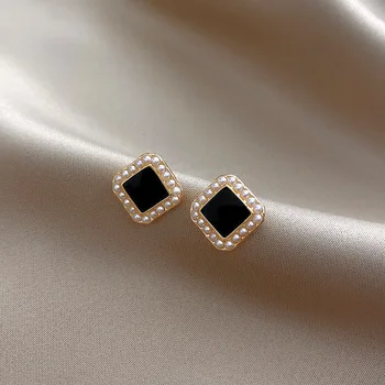 GERBIAMI-GYVENIMO Mados juodas kvadratas auskarai pearl dalyje prancūzijos subtilūs auskarai šviesos prabangūs papuošalai Naujųjų Metų dovana
