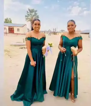 Graži Žalia Lace A-Line Tarnaitė Garbės Suknelė Oficialią Chalatai Ilgi nuo Peties Afrikos Bridesmaid Dresses