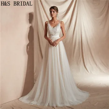 H&S VESTUVIŲ Paplūdimio Vestuvių Suknelės linijos, paprastas nuotaka vestuvių chalatai vestidos de novia vestuvių suknelės svečias
