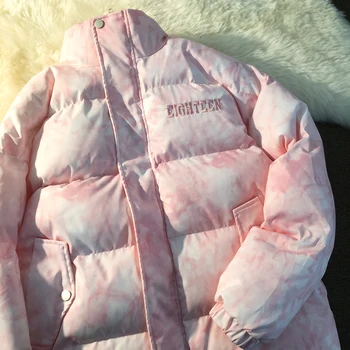 Harajuku Medvilnės kamšalu Striukė 2021 Žiemos Naujas Kamšalu Kailis tie dažai Rožinė Mėlyna Parkas Šiltas BF Stiliaus Žiemos Mados Outwear