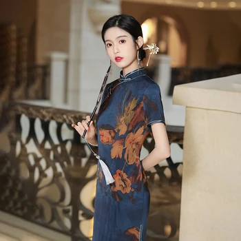 Kinijos Stilius Derliaus Seksualus Gėlių Spausdinti Cheongsam Moterų Mandarinų Apykaklės Trumpas Rankovės Qipao Vestidos
