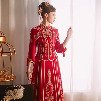 Kinų Stiliaus Nuotaka Raudona Blizgučiai Duobute Siuvinėjimo Kutai Cheongsam Tradicinių Tuoktis Satino Qipao Vestuvinė Suknelė