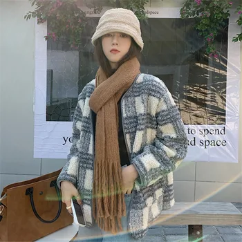 Korėjos versija, naujas imitacija ėriukų vilnos prarasti storas pledas ilgomis rankovėmis medvilnės striukė moterims