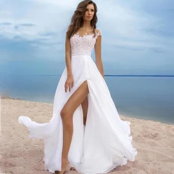 Kuklus 2020 Paplūdimio Vestuvių Suknelės, Nėriniai Bžūp Rankovėmis Šifono Aukštos Padalinta Nėriniai-Up Atgal, Ilgos Vestuvinės Suknelės chalatai de soirée