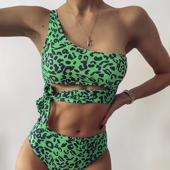 Leopard maudymosi moterys vasarą 2023 aukšto juosmens maudymosi kostiumą, moterys, vieną petį bikini tvarstis dirželis tankini maudymosi kostiumėliai paplūdimio drabužiai