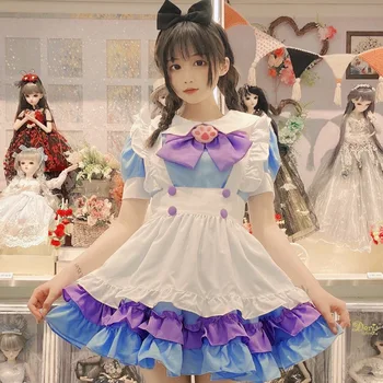 Mergelė Cosplay Kostiumų Japonų Anime Lolita Tarnaitė Prijuostė Vienodas Karnavalas Šalis Suknelė Mergina, Mielas Lankas Mėlynos Raudonos Nėrinių Suknelė Pyragas