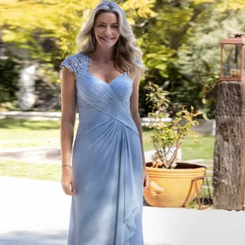 Motina Oblubienicy Mėlynos Suknelės Grindų Ilgio Šifono Ir Nėrinių Ilgai Vestuvėms Oficialią Šalies Chalatai Elegantiškas Užsakymą