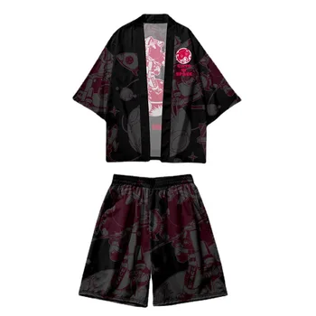 Naujas Mados Haori Juoda Katė Spausdinti Kimono Japonų Senovinių Azijos Drabužių Streetwear Viršuje Kimono Ir Šortai Rinkinys