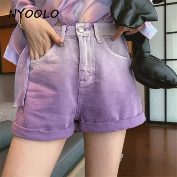 NYOOLO Aukšto juosmens gradientas violetinė Karšto džinsinio šortai moteriška 2020 metų vasaros streetwear prarasti pločio kojų šortai moterims