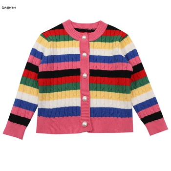 OASHTH Merginos džemperis cardigan palto pavasarį ir rudenį, nauja vaikų vaivorykštė megzti striukė kūdikiui viršų