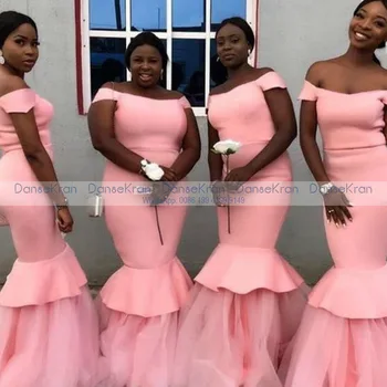 Rožinė Undinė Afrikos Bridesmaid Dresses 2021 Nuo Peties Pakopų Satino Tiulio Vestuvės Suknelės Nėriniai Atgal Maxi Suknelės