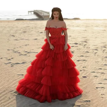 Ruched Off Peties Raudoną Vakarinių Suknelių Šalies Appliques Elegantiškas Gėlių Kokteilis Suknelė Grindų Ilgis Iki 2022 M. Moterų Paplūdimio Drabužiai