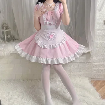S-2XL Anime Lolita Dress Kavinė Kostiumai Rožinė Tarnaitė Suknelė Lolita Rinkiniai Cosplay Tarnaitė Restoranas Tarnaitė Mielas Suknelė Mergina Kawaii Apranga