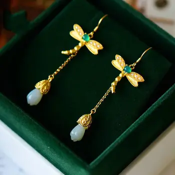 Sidabro inkrustacijos gamtos Hotan jade orchidėja Dragonfly ilgas ausis, Kinų stiliaus antikvariniai aukso amatų žavesio moterų papuošalai