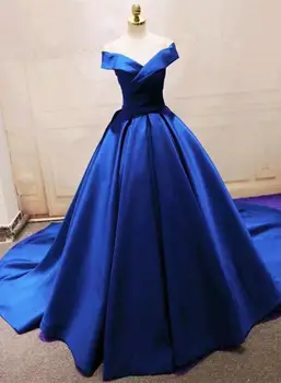 Spalvingas Royal Blue Quinceanera Suknelės Satino Ilgi Nuo Peties V Kaklo Kamuolys Suknelė Saldus 15 Vakare Šalis Suknelė