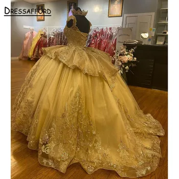 Sparkly Šampano Kamuolys Suknelė Quinceanera Suknelės 2022 Blizgančiais Nėrinių Duobute Saldus 16 Birthday Party Dress
