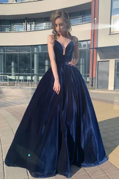 Tamsiai Mėlynas Velvet Prom Dresses 2021 Spagečiai Dirželiai V Kaklo, Rankovių Oficialią Vakaro Šalis, Chalatai Chalatai De Soirée