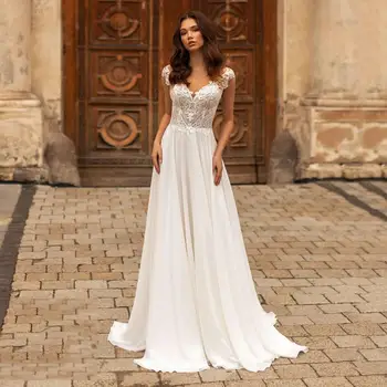 Thinyfull Elegantiškas Šifono Linijos Vestuvių Suknelė Iki 2021 M. Simpe Elegantiškas Iliuzija Kaklo Vestuvių Suknelės Vestido Boho Nuotakos Suknelės