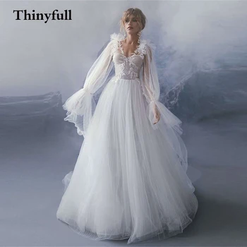 Thinyfull Šiuolaikinės Brangioji 3D Gėlių Vestuvių Suknelės Bohemijos Nuimamais Rankovėmis Beach-Line Bridal Nuotakos Suknelės, Vestidos
