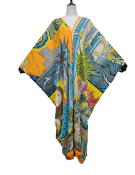 Tradicinis 2021 Seksualus V-Kaklo Spausdinti boubou dubajaus Musulmonų Moterys Maxi Suknelė Dashiki Afrikos krūtinė-130 cm Šilko Kaftan Paplūdimio Suknelė