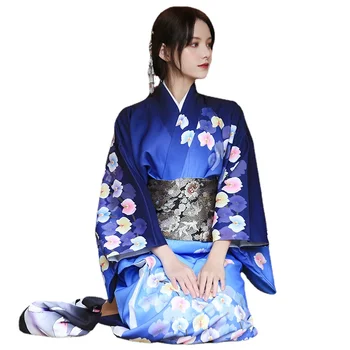 Tradicinis Japonų Ilgai Kimono Mėlynas Vyšnių Žiedų Spausdinti Yukata Moterų Apdaras Ilga Suknelė Fotografijos Cosplay Kostiumas