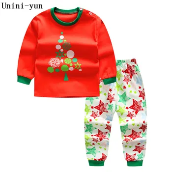 Unini-yun vaikų rinkiniai 2017 naujų rudens berniukai Medvilnės prekės ilgomis rankovėmis Kalėdų Eglutė storio marškinėliai + kietas raudonas kelnes 12M-6T
