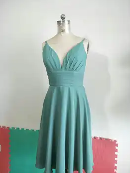 Vintage-Line Šifono Trumpas Klostuotas Bridesmaid Dresses su Kišenėmis V-Kaklo Užsakymą Nėrinių Oficialią Vestuvių Suknelės, Šaliai