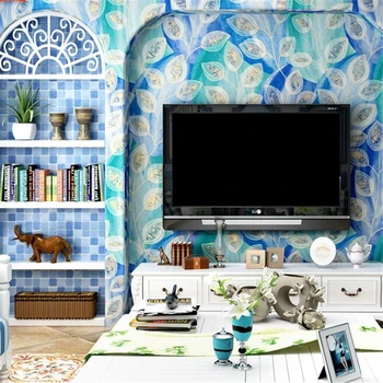 wellyu Viduržemio jūros regiono stiliaus tapetai Amerikietiško stiliaus kambarį mėlyna povo plunksnų Pietryčių Azijoje, TV foną