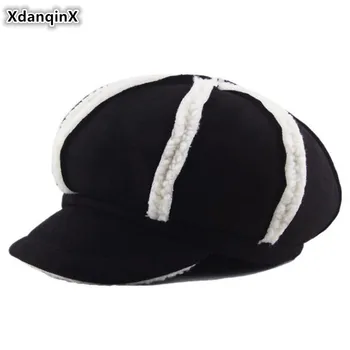 XdanqinX Žiemos Moterų Skrybėlę Storas Šiltas Newsboy Kepurės Elegantiška Vintage Mados Aksominis Kailis Moteriškos Žieminės Kepurės Sporto Bžūp Daugiaspalvis