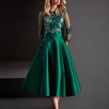 Žalia Mama Nuotaka Suknelės Linijos, Satino Appliqued Arbata Ilgis Vestuvių Svečių Suknelė Individualų Ilgomis Rankovėmis Oficialus Vakaras
