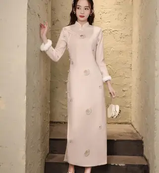 Žiemos Cheongsam Derliaus Moterų Kinų, Tradicinė Kinų Suknelė Qipao Storas Ilgas Rytų