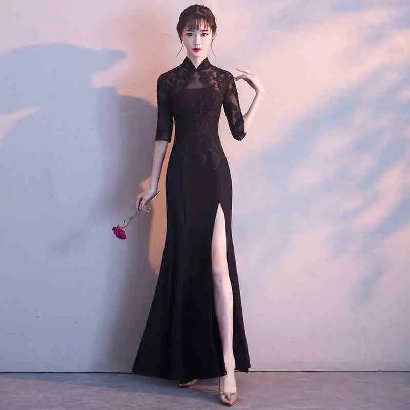 Juoda Siuvinėjimas Rytų Stiliaus Suknelės Kinų Nuotaka Senovinių Tradicinių Vestuvių Cheongsam Suknelė Ilgai Undinė Qipao Dydis XS-XXL Nuotrauka 1