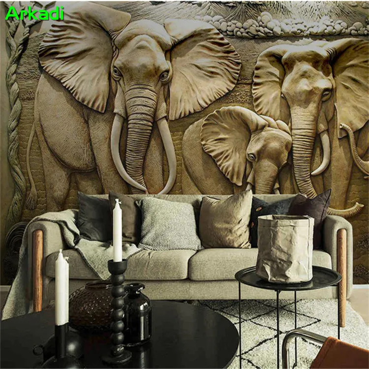 3D Pietryčių Azijos iškilumo dramblys tapetai, gyvenamasis kambarys sofos fono sienos popieriaus abstraktaus meno dekoratyvinis kraštovaizdžio bet kokio dydžio Nuotrauka 1