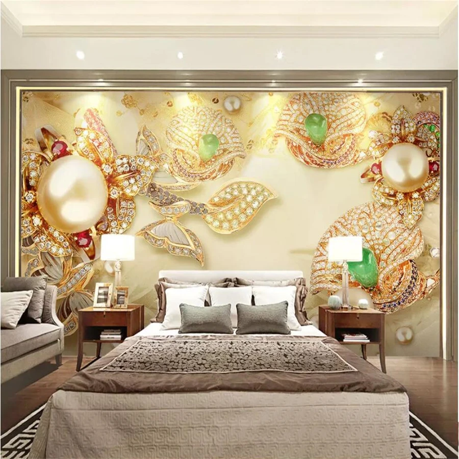 beibehang Užsakymą tapetai 3D papel de parede aukso įstiklintas diamond gėlių papuošalai 5D fono sienos dokumentų namų dekoro 8d freskomis Nuotrauka 1