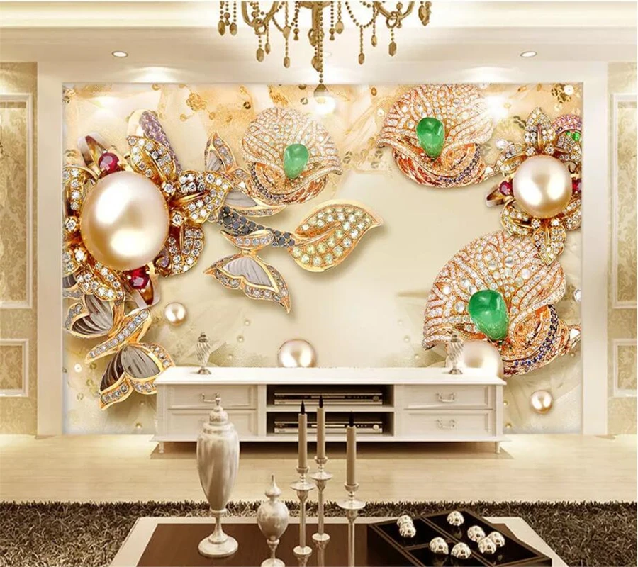 beibehang Užsakymą tapetai 3D papel de parede aukso įstiklintas diamond gėlių papuošalai 5D fono sienos dokumentų namų dekoro 8d freskomis Nuotrauka 3