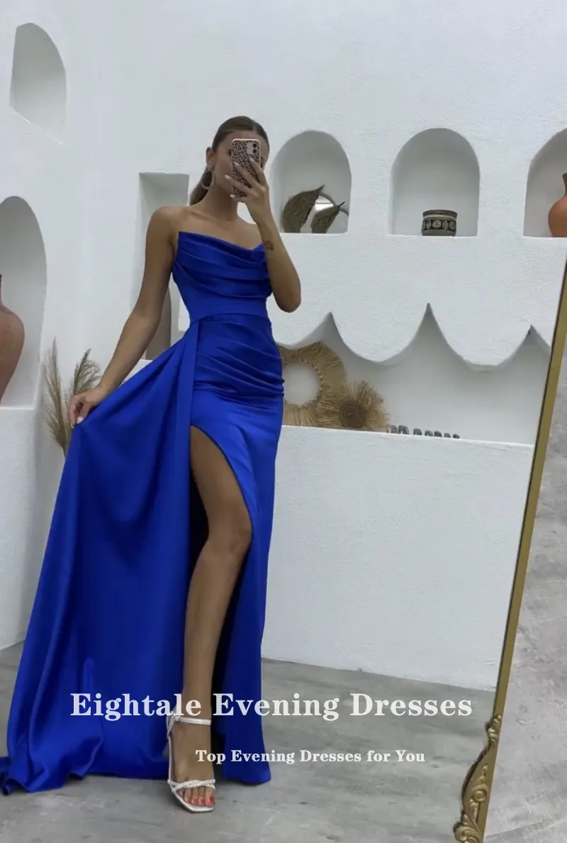 Eightale Mėlyną vakarinę Suknelę už Vestuves Satino Aukšto Pusėje Ritininės arabų Appliques Undinė Prom Chalatai Sławna Dress Nuotrauka 1